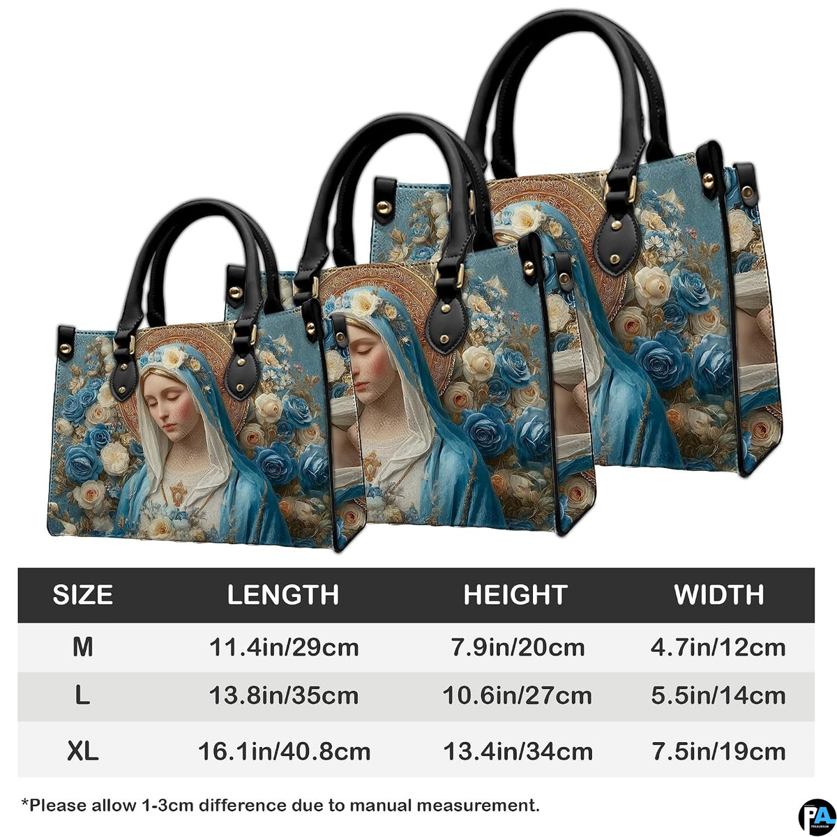 Detailed view of matching wallet featuring contemplative Virgin Mary and blue roses