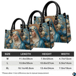Detailed view of matching wallet featuring contemplative Virgin Mary and blue roses