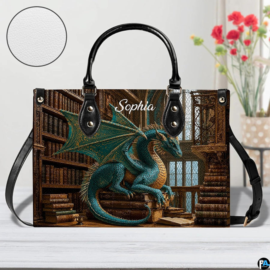 Top-down view of guardian dragon handbag showing full-length zipper closure opening