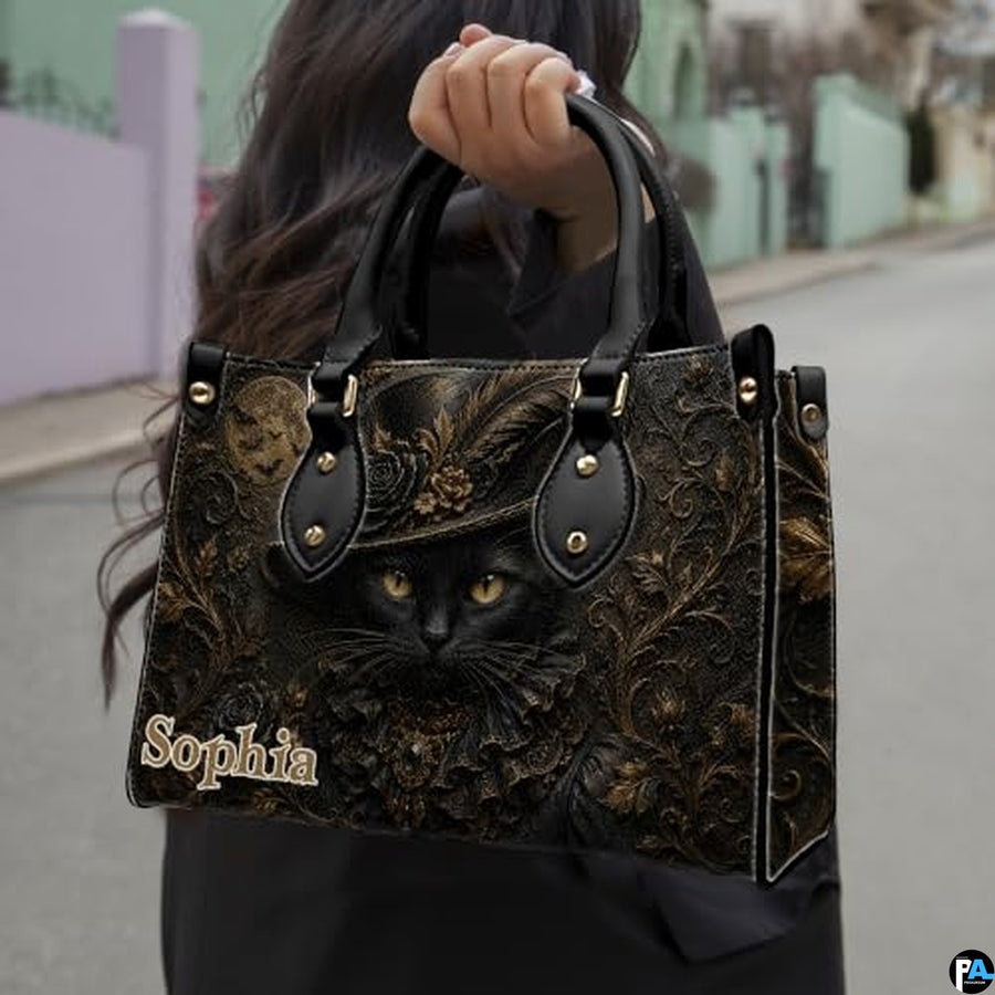 Personalized Halloween Gothic Leather Handbag Custom Raven Black Cat Purse Dark Fantasy Shoulder Bag Gift for Women