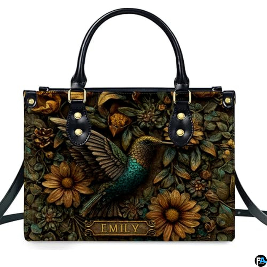 Personalized Animal Leather Handbag – Custom Name Flowers with 2D Print with 3D Effect – Gift for Gramma, Mom, Daughter
