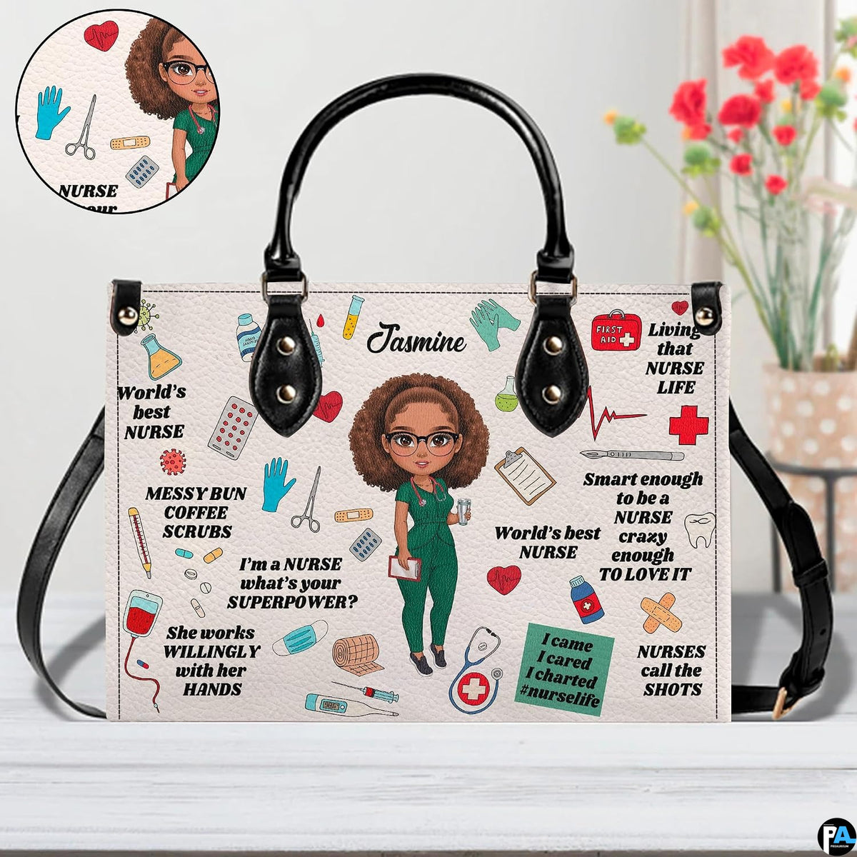 Nurse scrubs illustration handbag displayed indoors alongside floral vase with circular texture swatch.