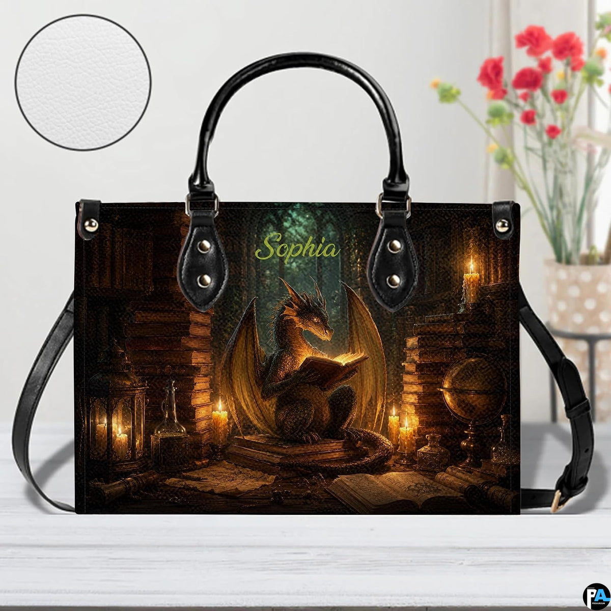 Top-down view of candlelit dragon handbag showing full-length zipper closure opening