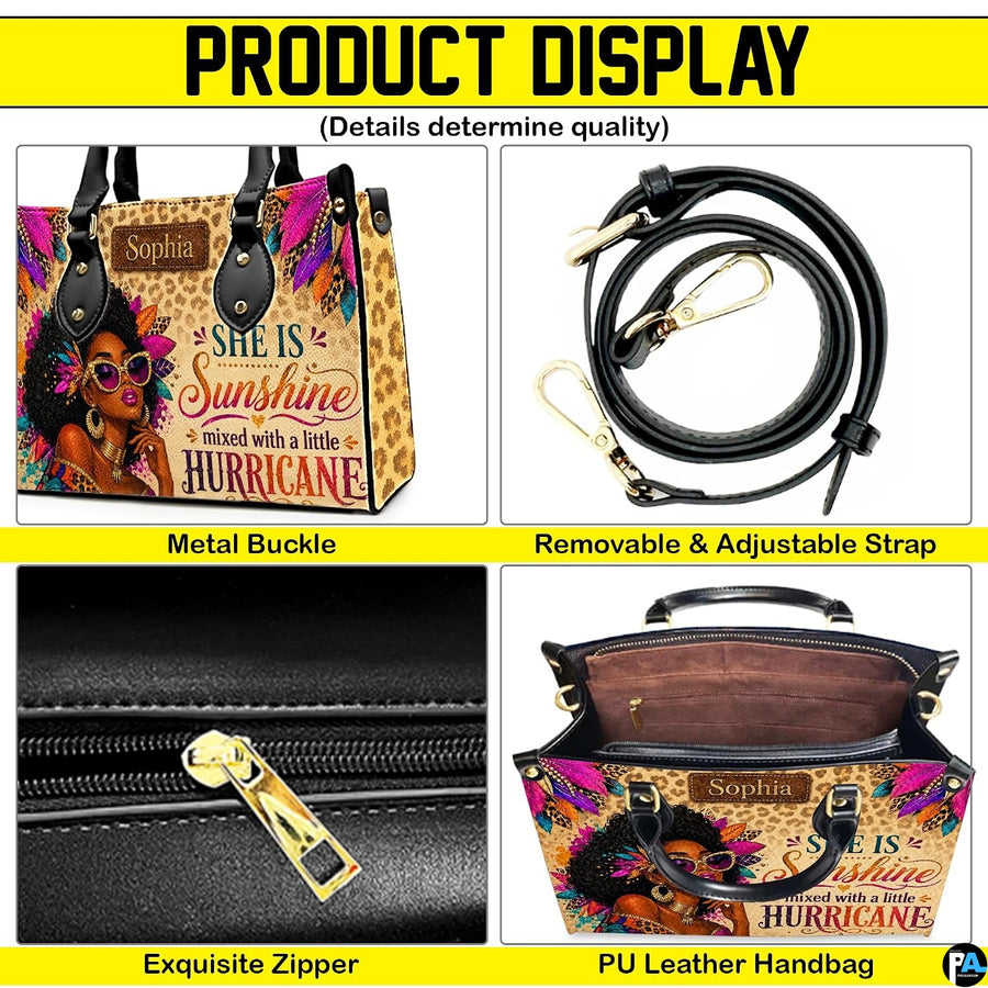 Four panel presentation highlighting graphic elements, metallic hardware accents, and interior view.