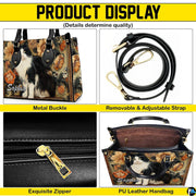 Visual feature collage presenting tuxedo cat painting print details across multiple graphic perspectives.