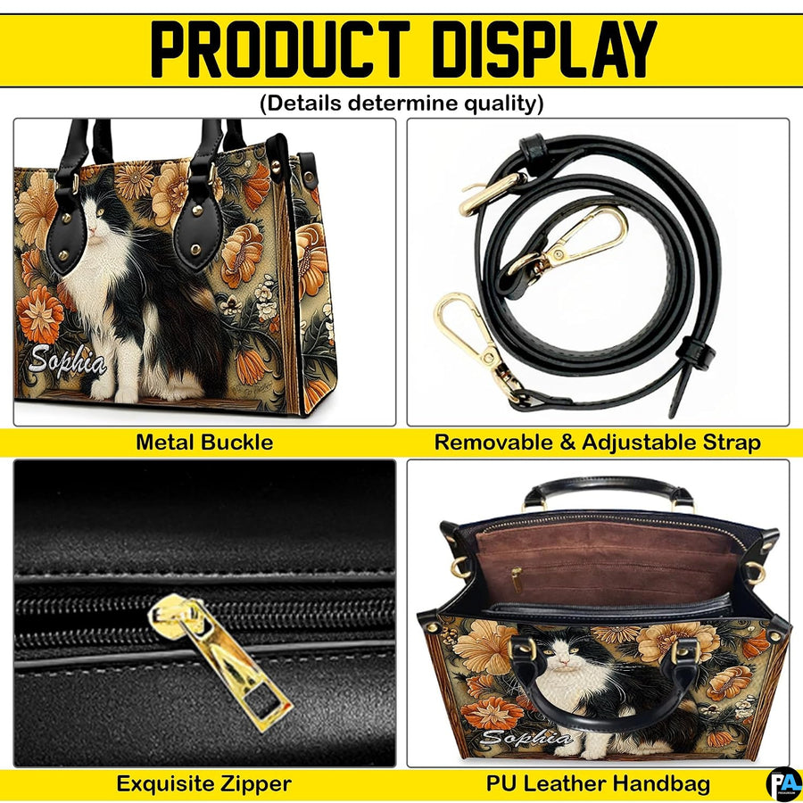 Visual feature collage presenting tuxedo cat painting print details across multiple graphic perspectives.