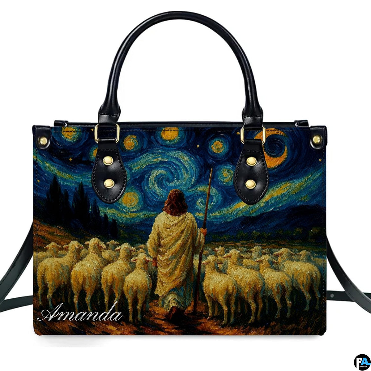 Close-up front view of matching zippered wallet showing starry pastoral scene