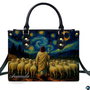 Close-up front view of matching zippered wallet showing starry pastoral scene