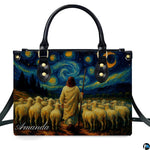 Close-up front view of matching zippered wallet showing starry pastoral scene