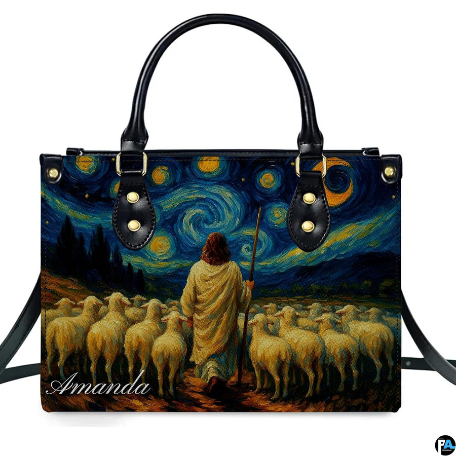 Close-up front view of matching zippered wallet showing starry pastoral scene