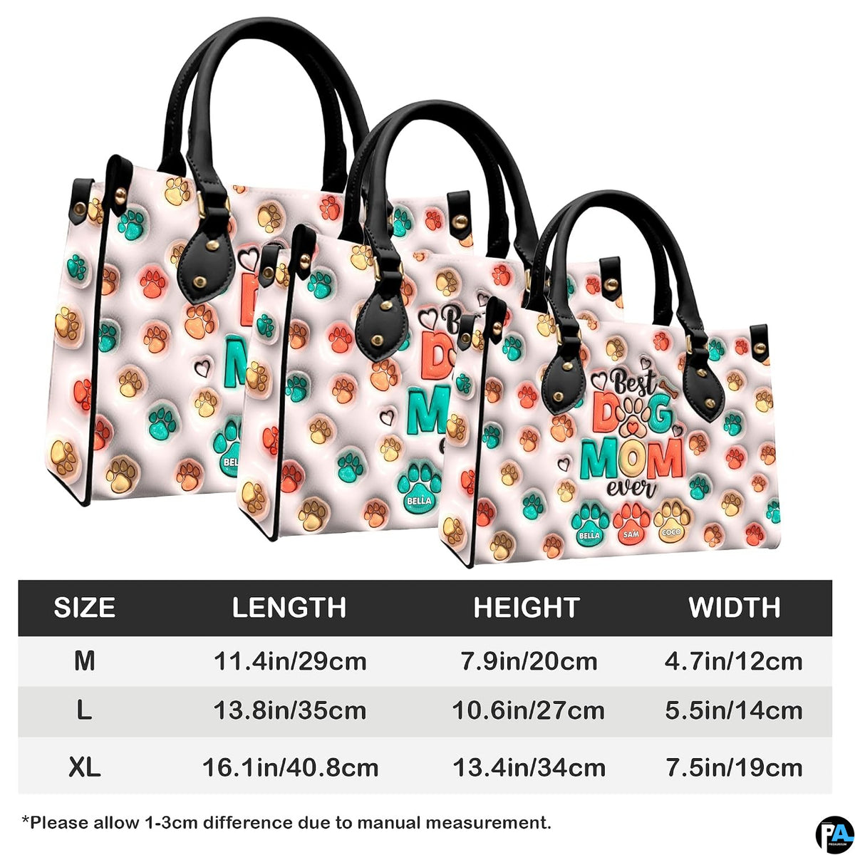 Side perspective view of pastel paw print handbag and wallet showing structured profile