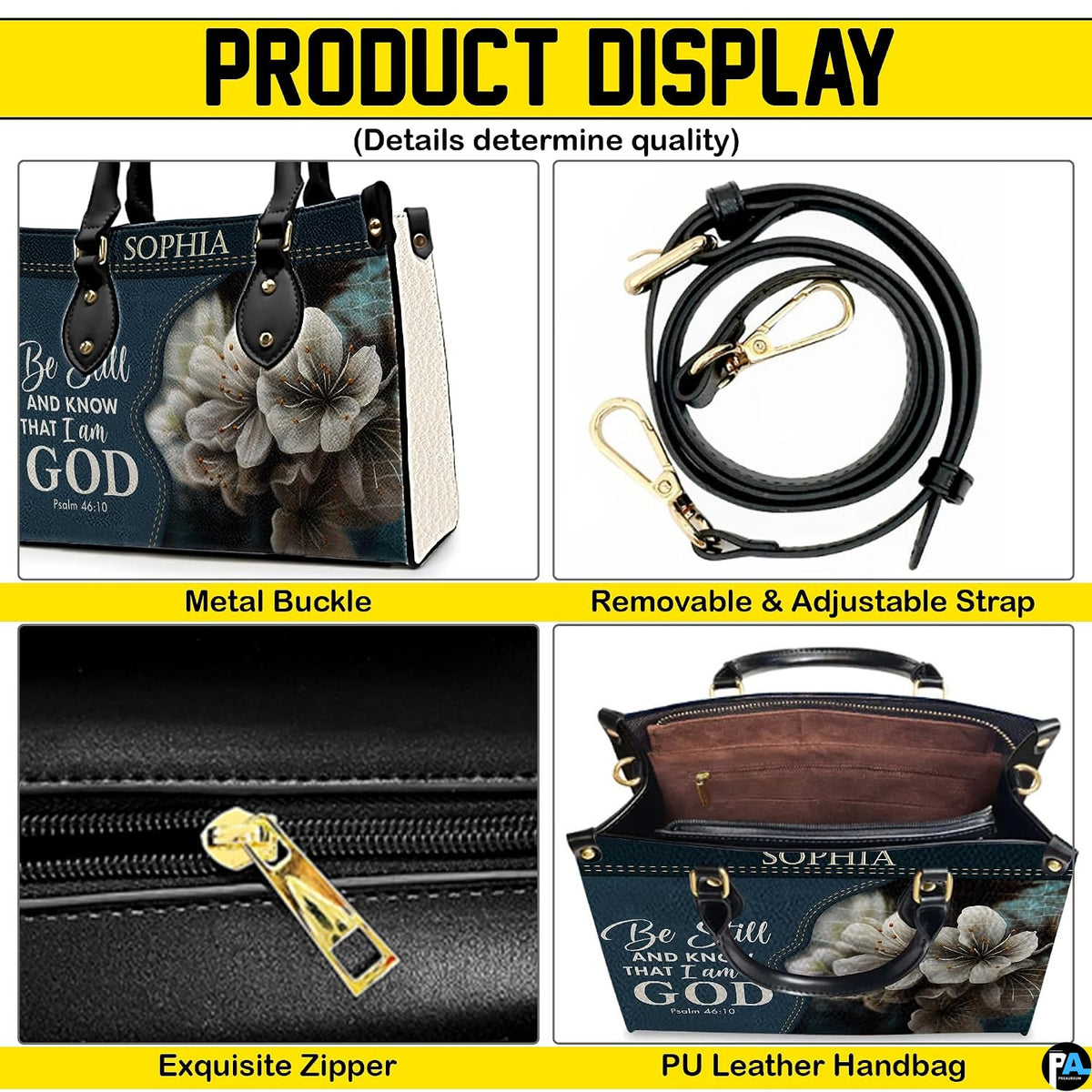 Detailed view presenting golden metallic clasps, secure attachments, and sliding fasteners.