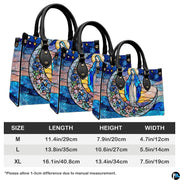 Size specification chart showing M, L, and XL handbag measurements and handle dimensions.