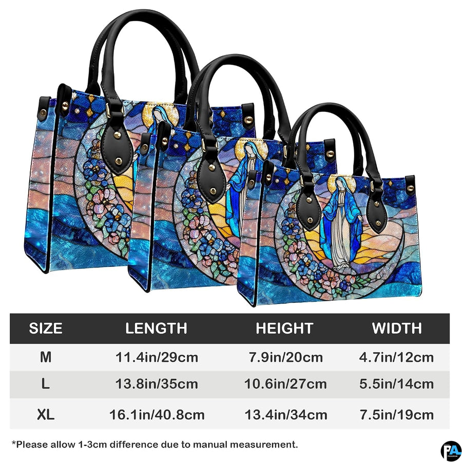 Size specification chart showing M, L, and XL handbag measurements and handle dimensions.