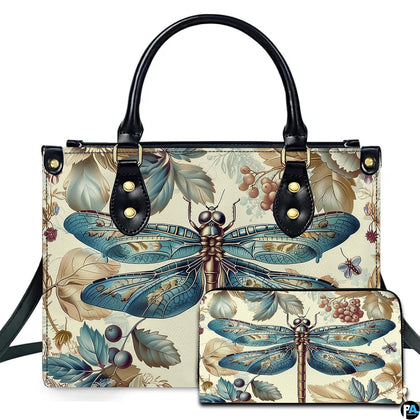 Vintage botanical teal dragonfly handbag and wallet set displayed together on white background