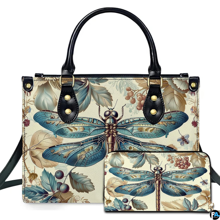 Vintage botanical teal dragonfly handbag and wallet set displayed together on white background