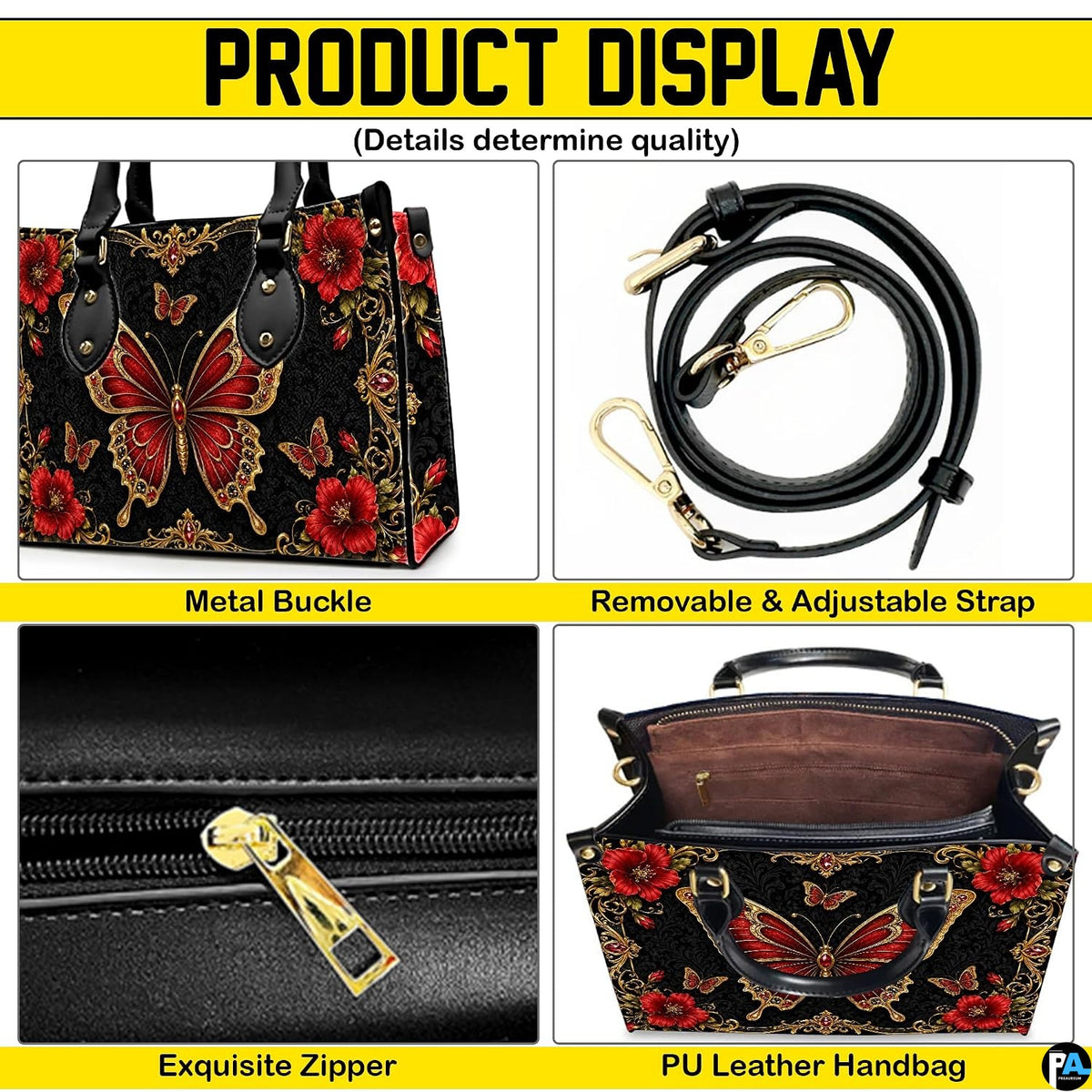 Four paneled composition illustrating decorative views of hardware accents, butterfly motifs, and interior view.