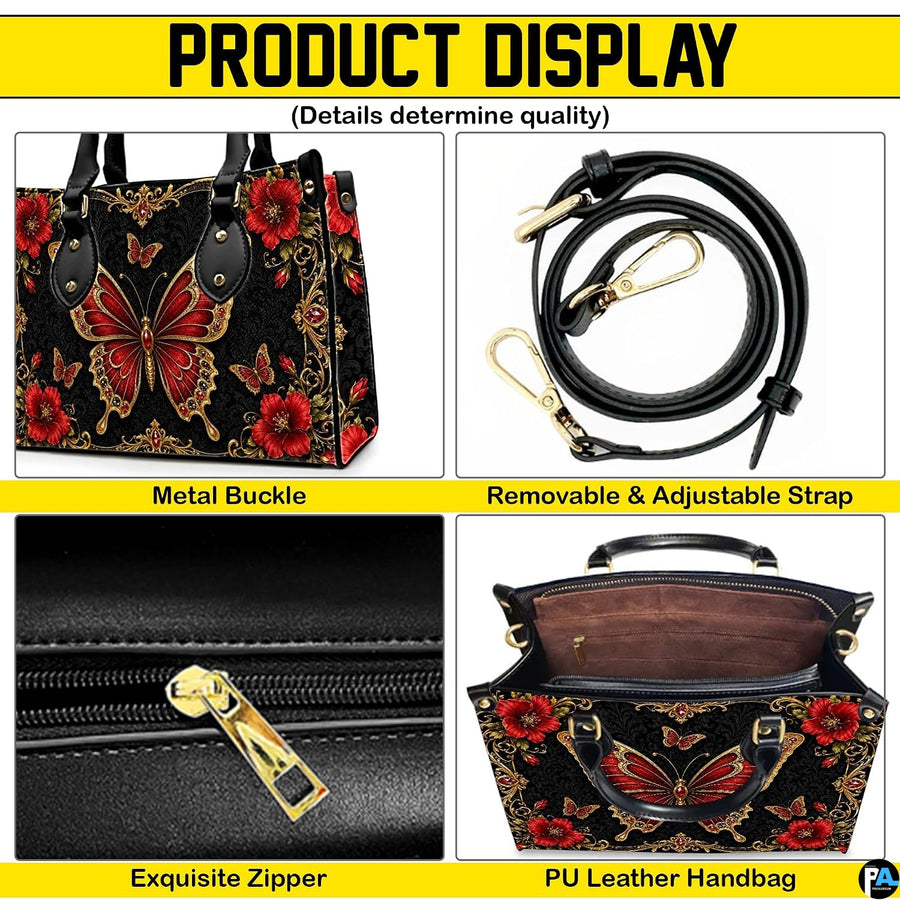 Four paneled composition illustrating decorative views of hardware accents, butterfly motifs, and interior view.