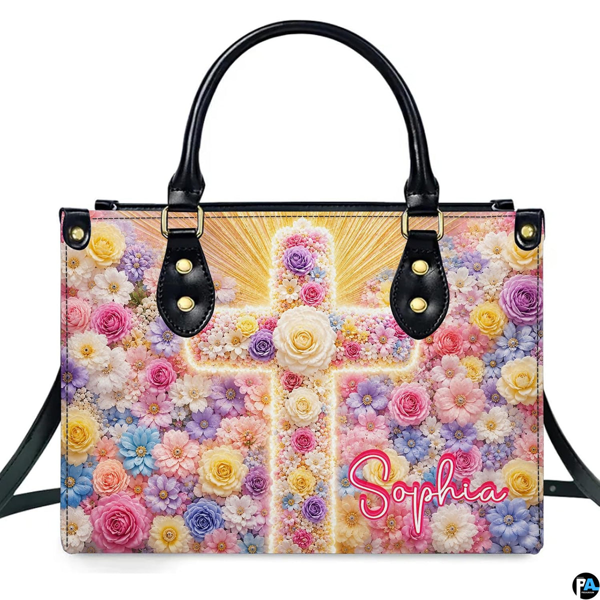 Frontal view of handbag featuring a glowing pastel floral cross with golden sunburst rays on floral field.