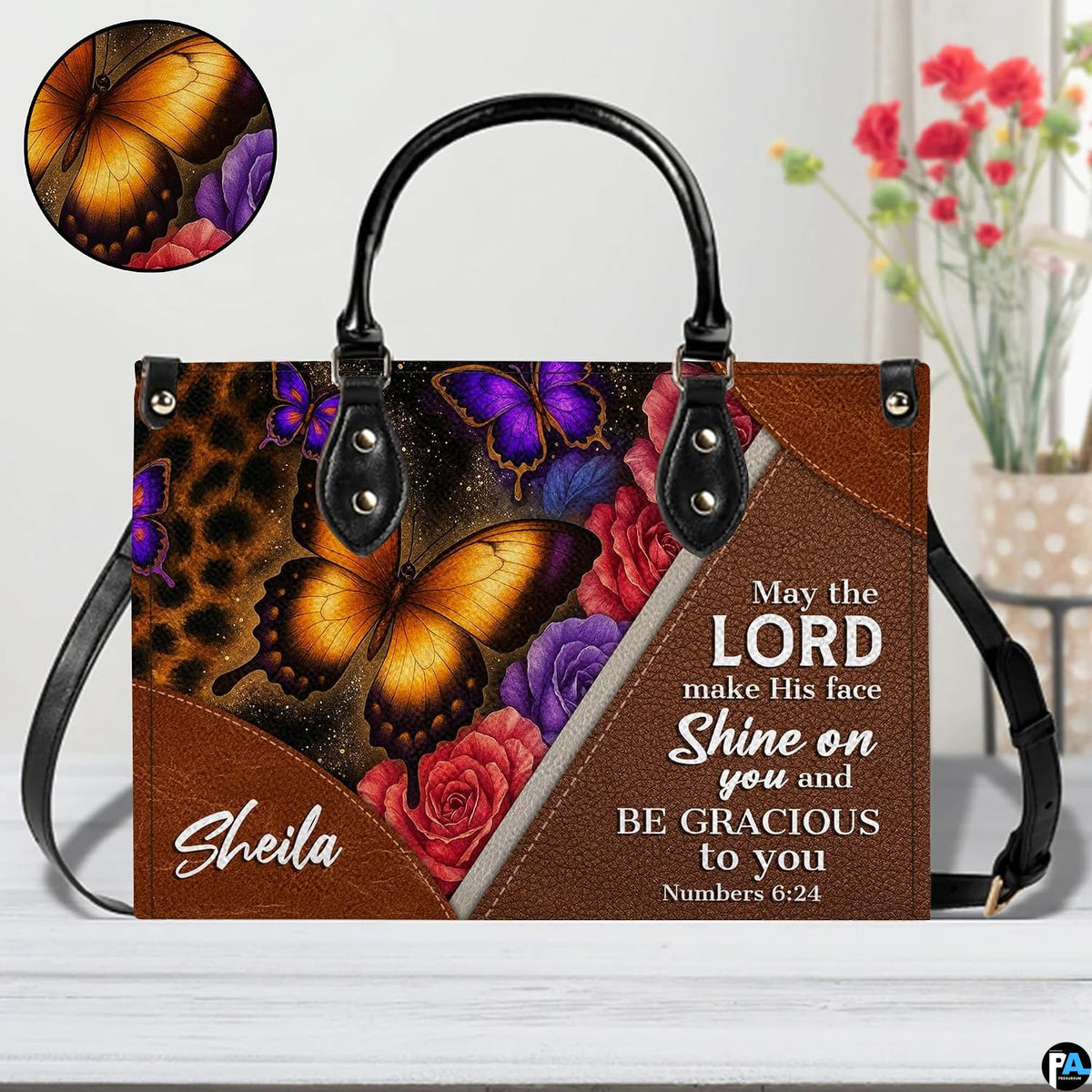 Interior compartment view displaying lining and organizational pockets of leopard floral handbag.