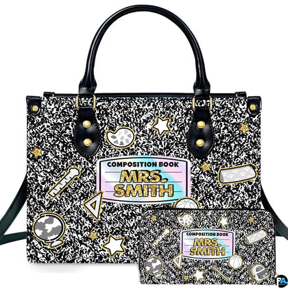 Front view of composition notebook artwork featuring black and white marbled pattern and school stickers.