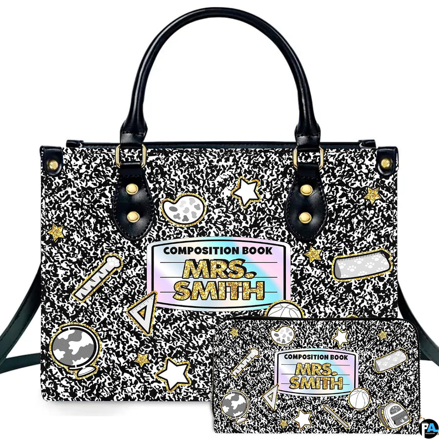 Front view of composition notebook artwork featuring black and white marbled pattern and school stickers.
