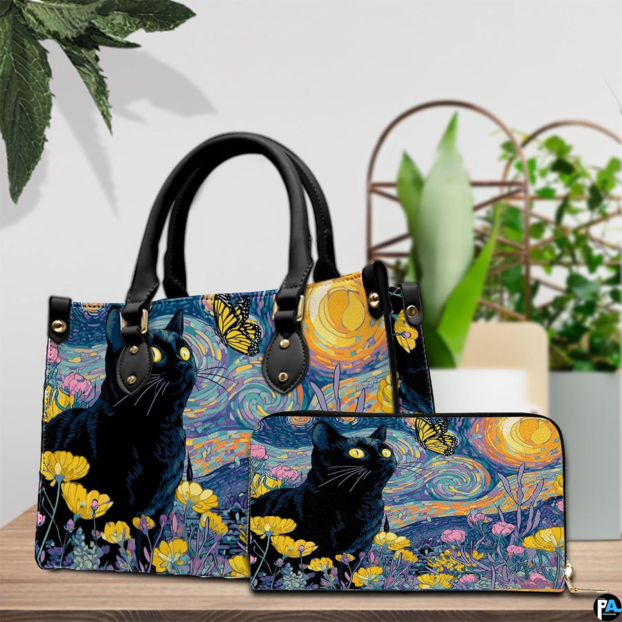 Black cat van gogh starry night design resting beside potted greenery on a tabletop.
