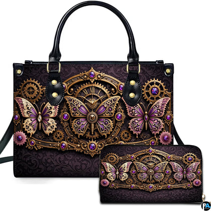 Steampunk clockwork butterfly handbag and wallet set displayed against a white studio backdrop