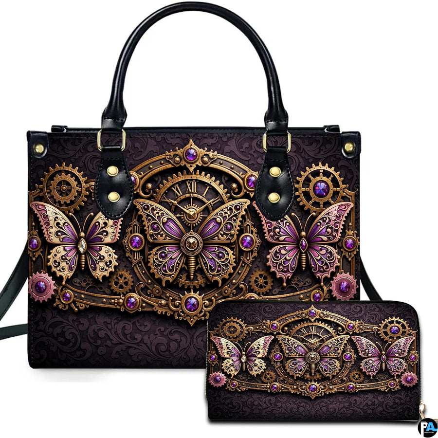 Steampunk clockwork butterfly handbag and wallet set displayed against a white studio backdrop