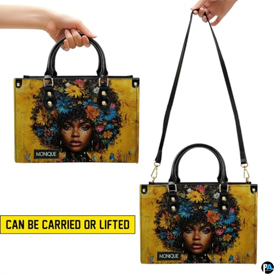 Black Girl Leather Handbag Custom Name Afrocentric Bag for - Design 03