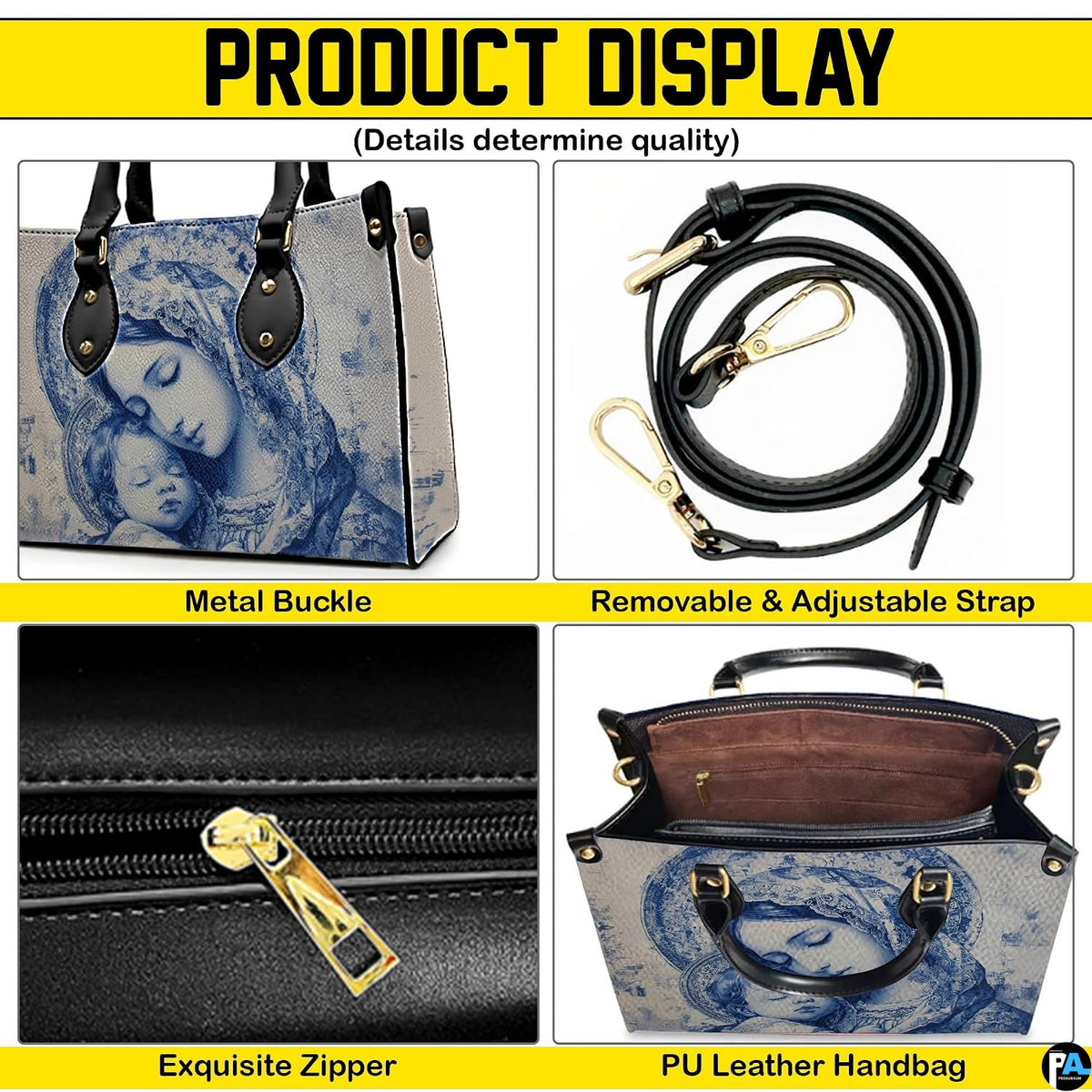 Product display showing zipper, buckle hardware, interior lining, and strap of handbag