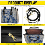 Product display showing zipper, buckle hardware, interior lining, and strap of handbag