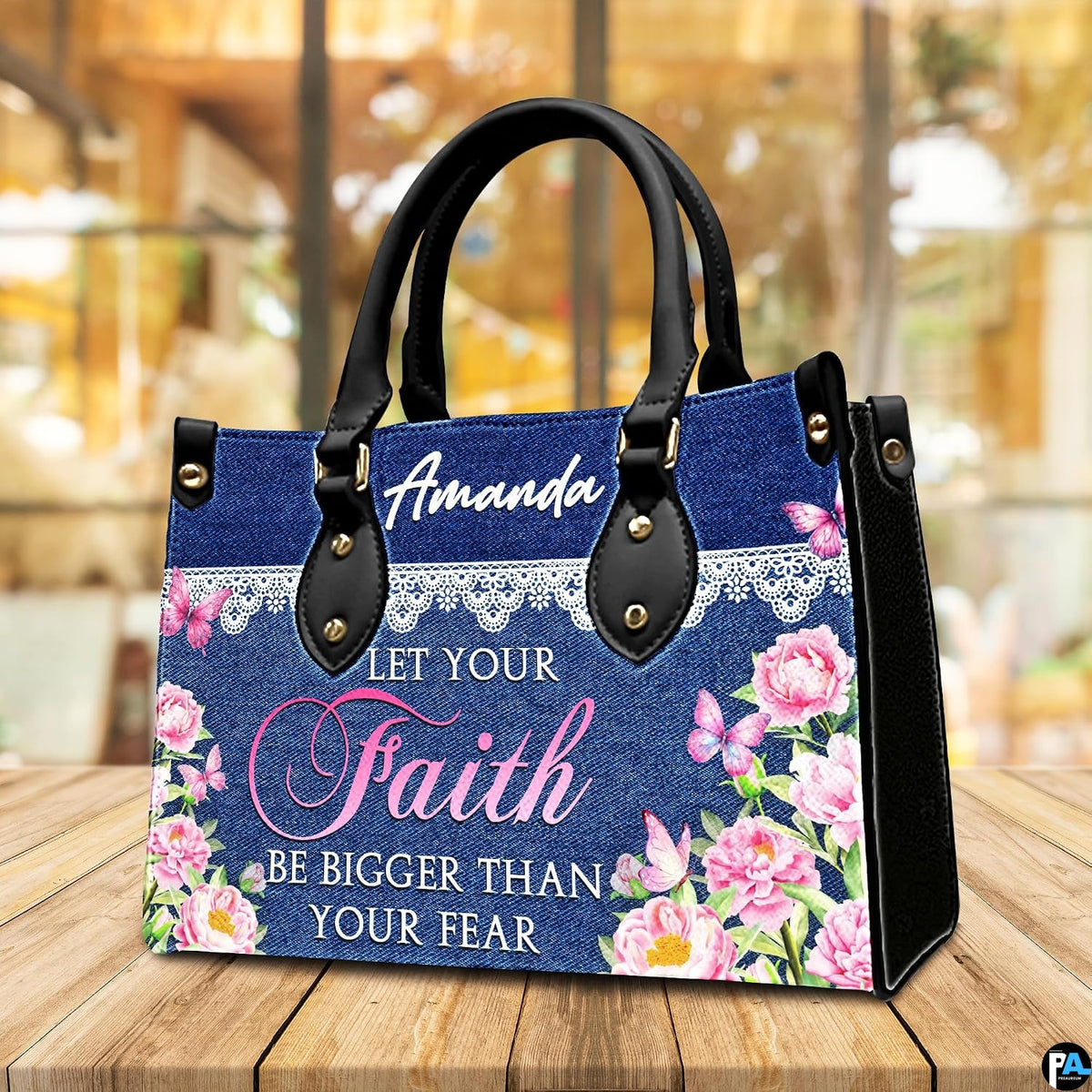 Matching zippered wallet companion showcasing denim and lace peony artwork