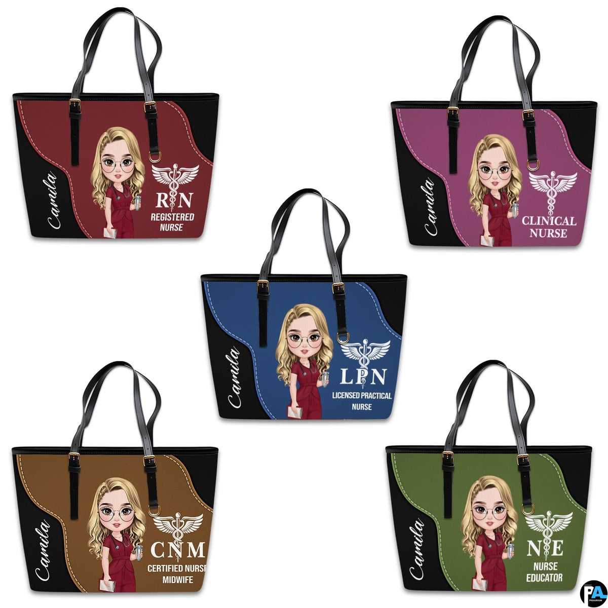 Color variant presentation of Medical Professional Tote Handbag showing burgundy, purple, blue, brown, and green.