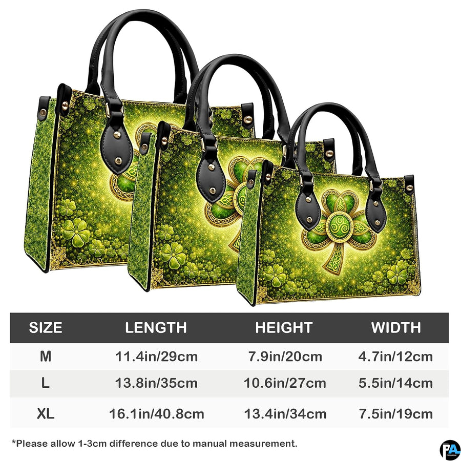 Three proportion views of shamrock handbag with gold ornament