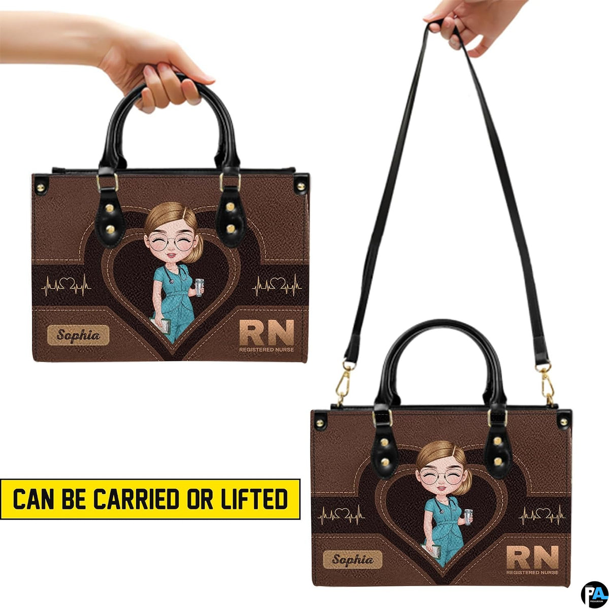 Side profile view of handbag showcasing continuous cocoa brown textured styling