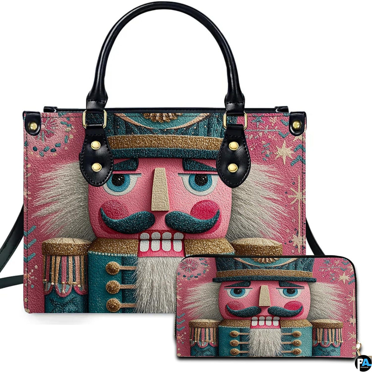 Front view of whimsical Nutcracker soldier artwork in teal and gold against a lively pink background