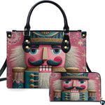 Front view of whimsical Nutcracker soldier artwork in teal and gold against a lively pink background