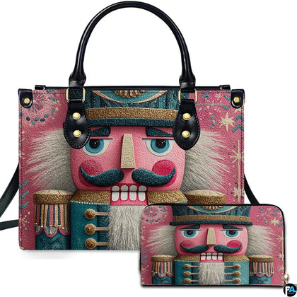 Front view of whimsical Nutcracker soldier artwork in teal and gold against a lively pink background