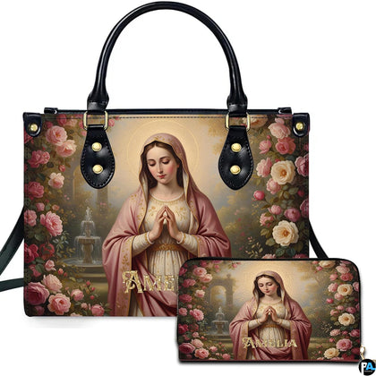 Courtyard Virgin Mary handbag and matching wallet set with pink rose arch and fountain