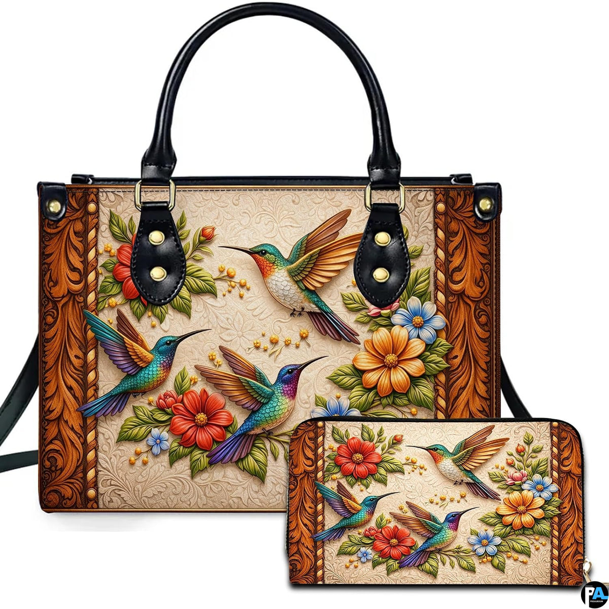 Handbag and matching wallet set featuring three hummingbirds and ornate carved scrollwork borders.