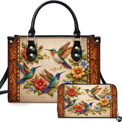 Handbag and matching wallet set featuring three hummingbirds and ornate carved scrollwork borders.