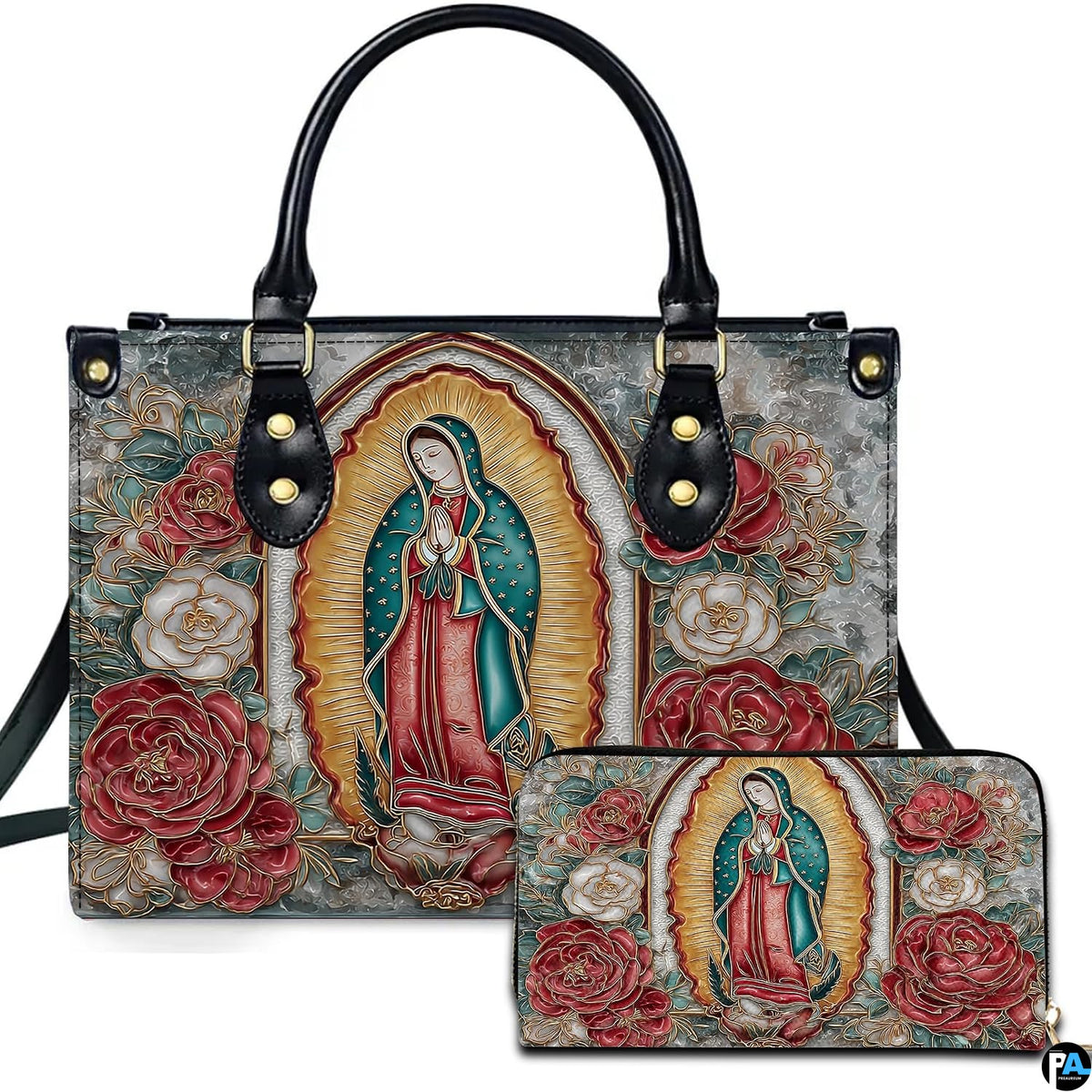 Our Lady of Guadalupe handbag featuring cloisonné enamel art with golden sunburst.