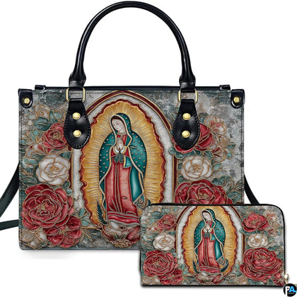 Our Lady of Guadalupe handbag featuring cloisonné enamel art with golden sunburst.