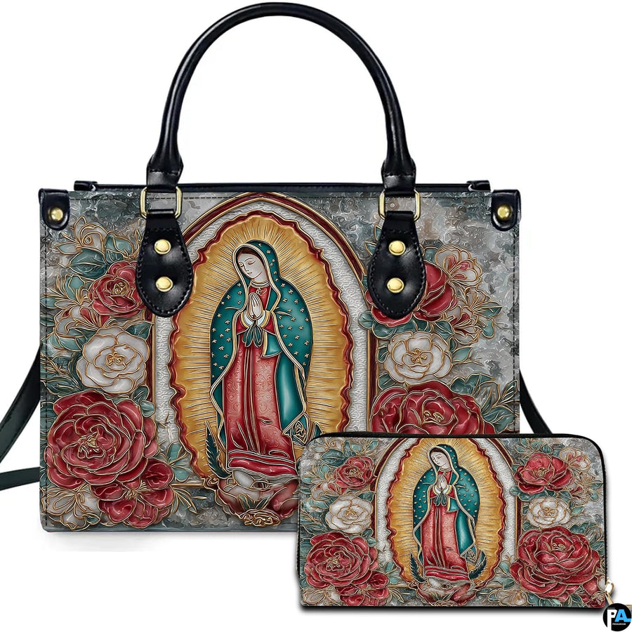 Our Lady of Guadalupe handbag featuring cloisonné enamel art with golden sunburst.