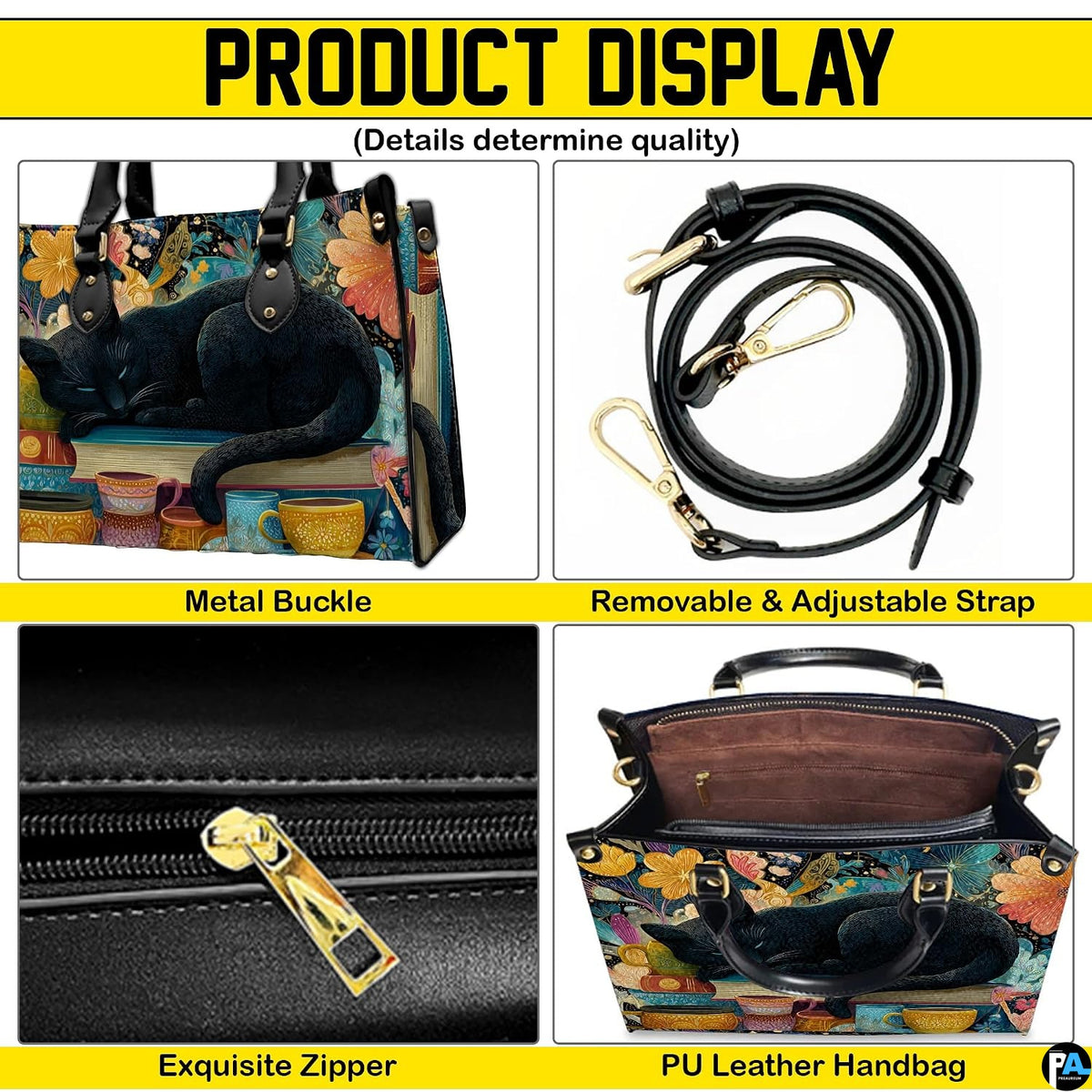 Four-panel layout presenting close-up visual accents of the sleeping black cat art.