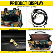 Four-panel layout presenting close-up visual accents of the sleeping black cat art.