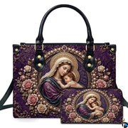 Madonna and Child portrait in pearl frame on purple damask handbag with matching wallet