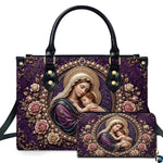 Madonna and Child portrait in pearl frame on purple damask handbag with matching wallet