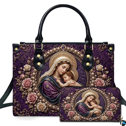 Madonna and Child portrait in pearl frame on purple damask handbag with matching wallet